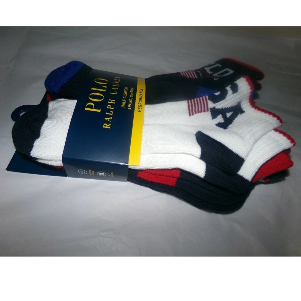 Polo Ralph Lauren Mens 6 Pack Performance Quarter Socks USA Flag Red White Blue